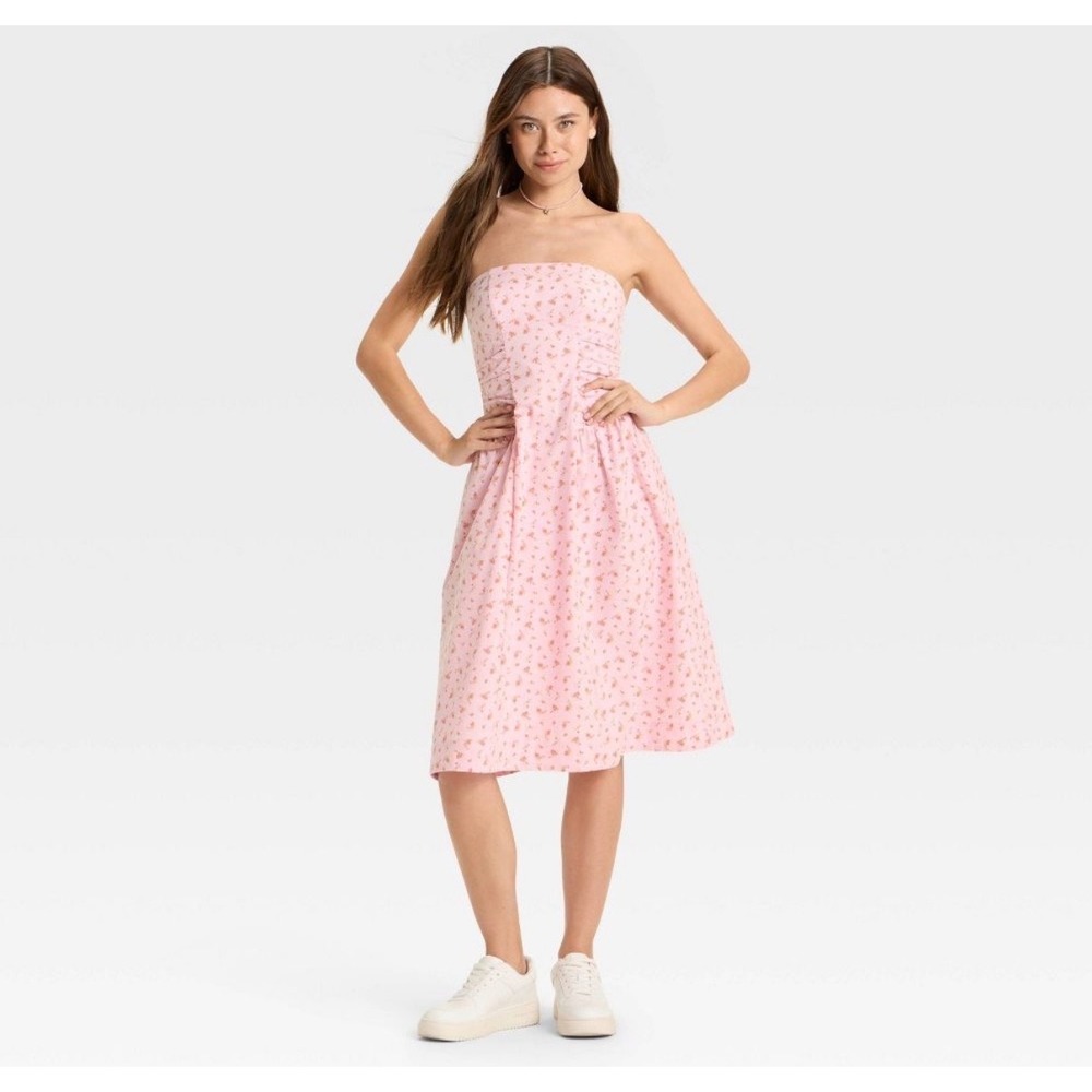 Wild Fable Pink Floral Strapless Ruched Midi Dress Smocked Back Fit & Flare